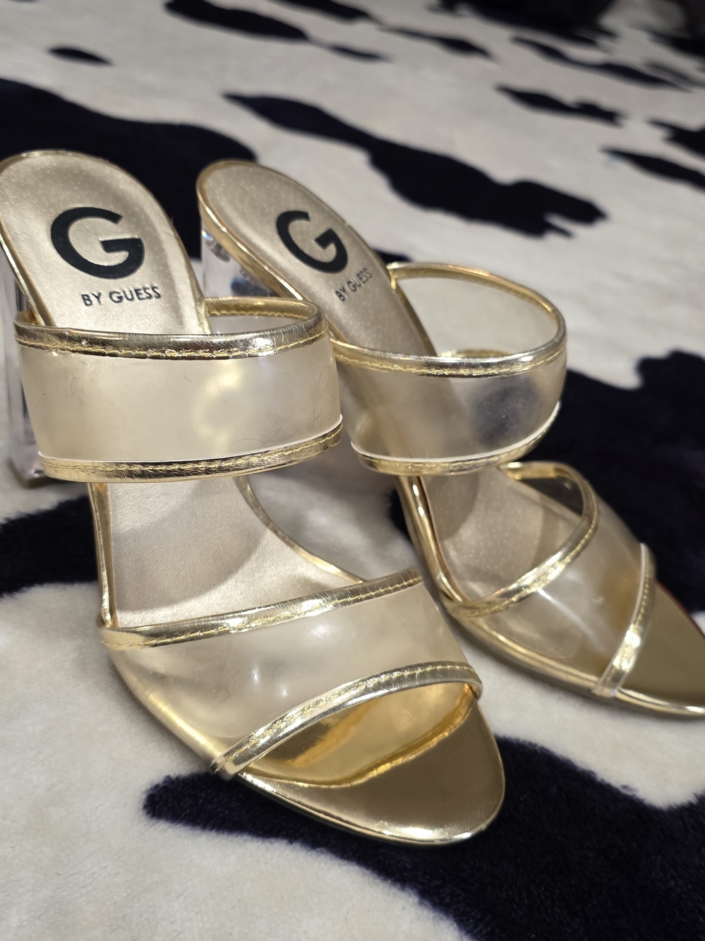 G by Guess Clear PVC and Gold Trim Slide Heels